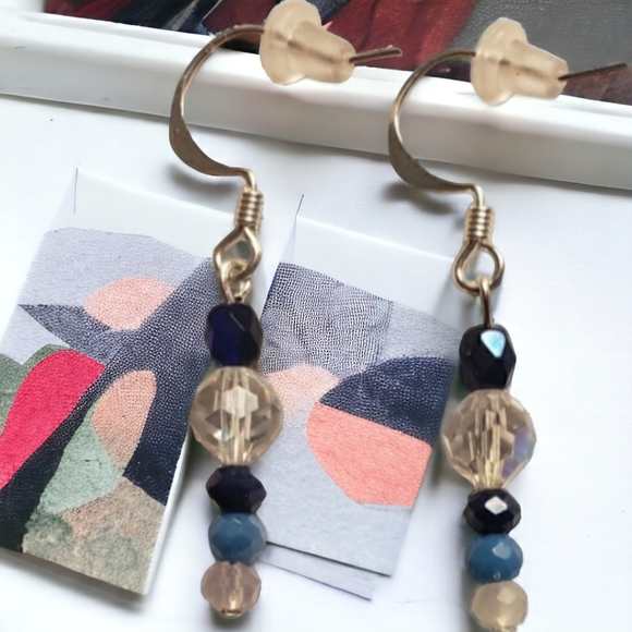 Tiny Blue, Black & Crystal Beaded Hand Crafted Drop Earrings - Picture 6 of 6